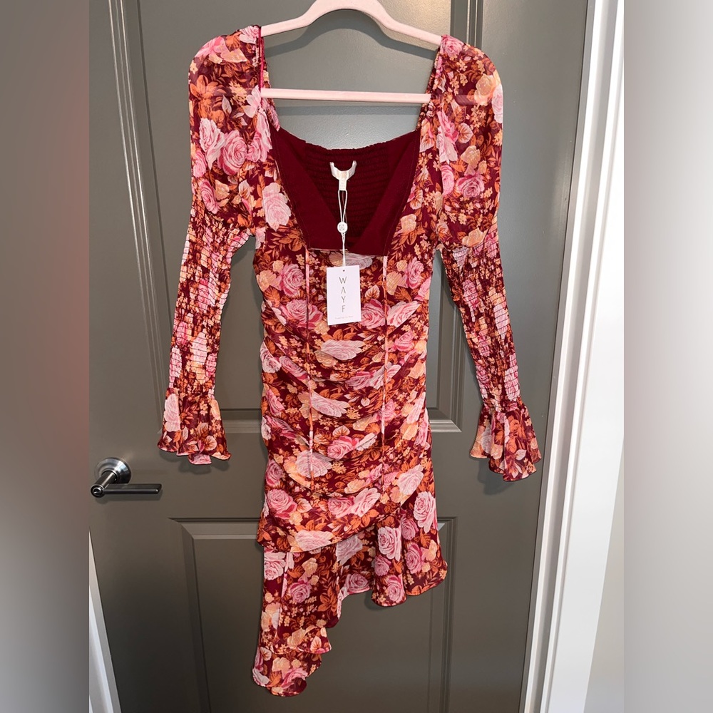 WAYF Ruffle Ruched Maroon Floral Mini Dress Long Sleeve